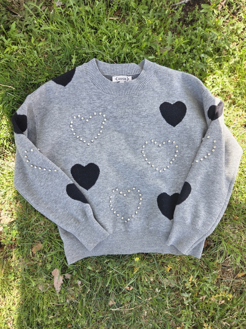 Nanette Lepore Gray Sweater with Black Heart Accents and Rhinestone Studs